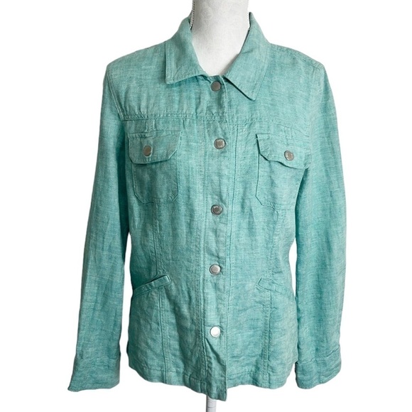 J. Jill 100% Linen Trucker Jacket Women's S Tall Turquoise Blue Snap Closure - Picture 1 of 11